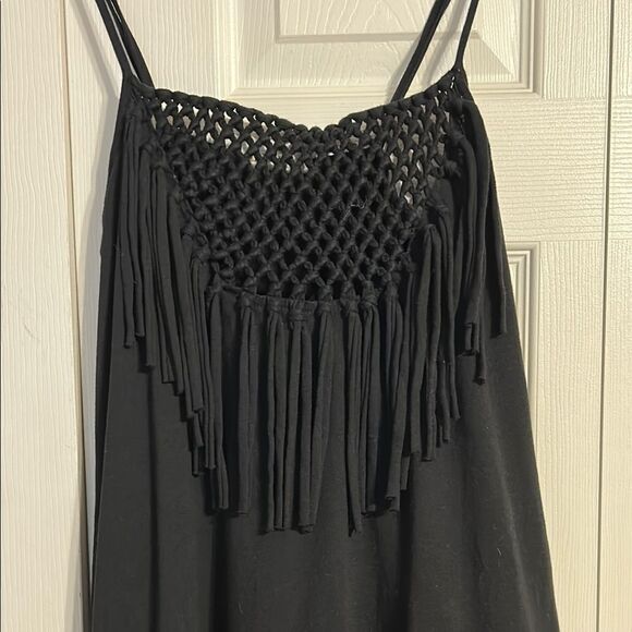 ROXY Size Medium Black Mini Dress Crochet Fringe Cover-Up Sundress Sleeveless - Picture 2 of 9